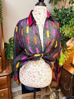 Vintage 80s Starington 100% Silk Beaded Open Front Jacket Abstract Size 12